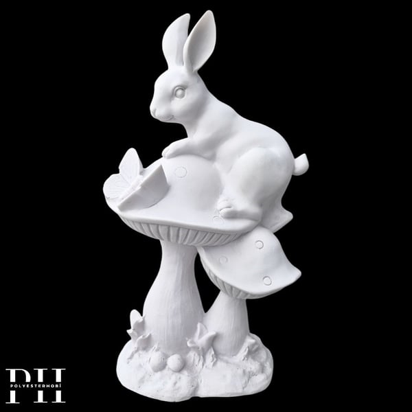 Ob 2674 - Mantar Üzerinde Tavşan  Biblo Ham Polyester Ev , Bahçe Dekoratif Obje