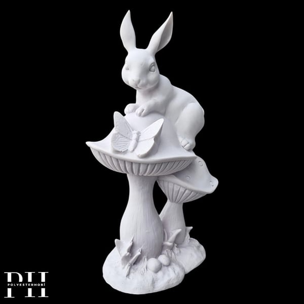 Ob 2674 - Mantar Üzerinde Tavşan  Biblo Ham Polyester Ev , Bahçe Dekoratif Obje