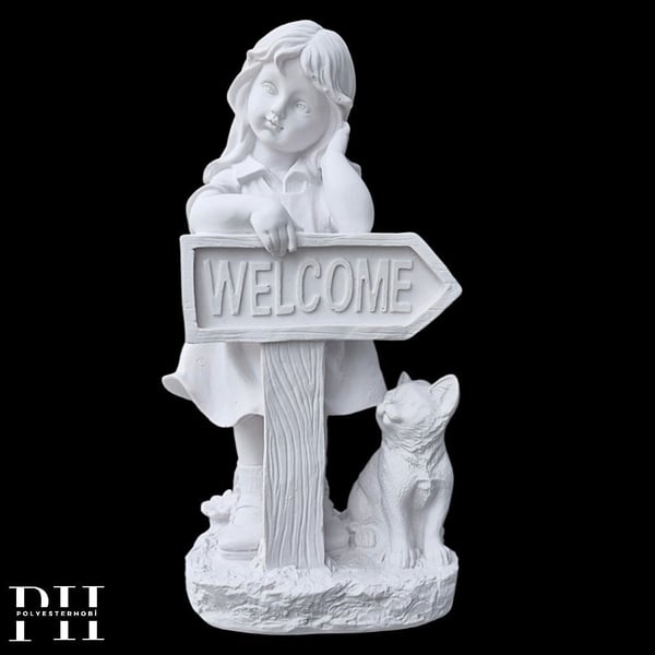 Ob 2676 - Welcome Kız Heykel Biblo Ham Polyester Ev , Bahçe Dekoratif Obje