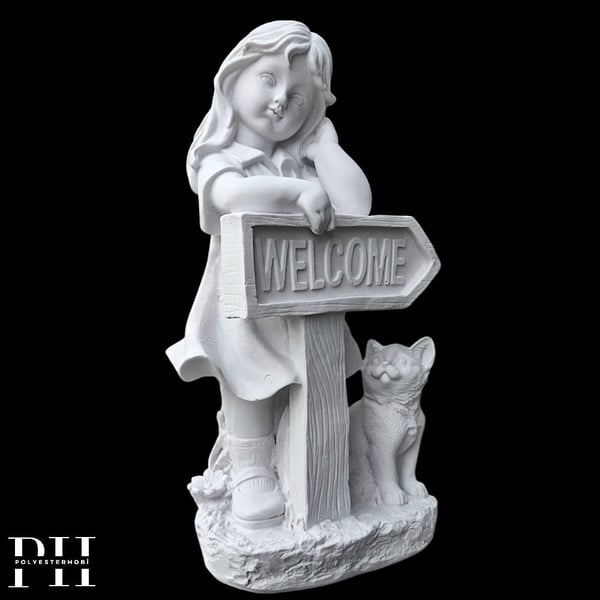 Ob 2676 - Welcome Kız Heykel Biblo Ham Polyester Ev , Bahçe Dekoratif Obje
