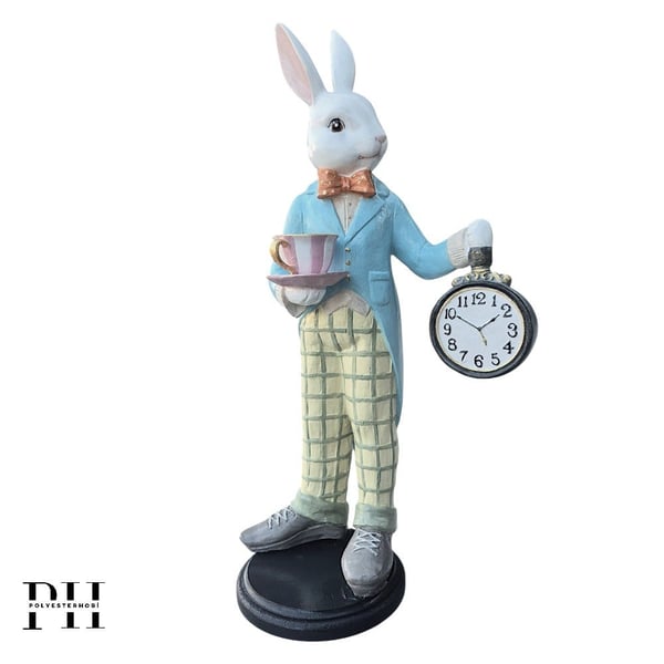 Ob 2688 - Saatli Alice Tavşan Biblo Ham Polyester Ev , Bahçe Dekoratif Obje