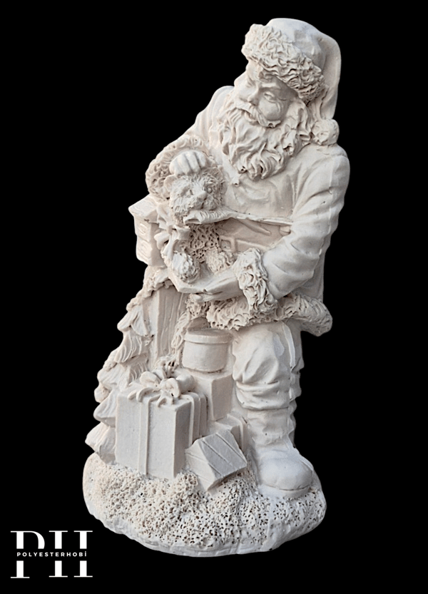 OB 2719 - Noel Baba Kedi Detaylı Biblo Heykel Ham Polyester Yılbaşı Obje (16 x 9 x 7 cm)