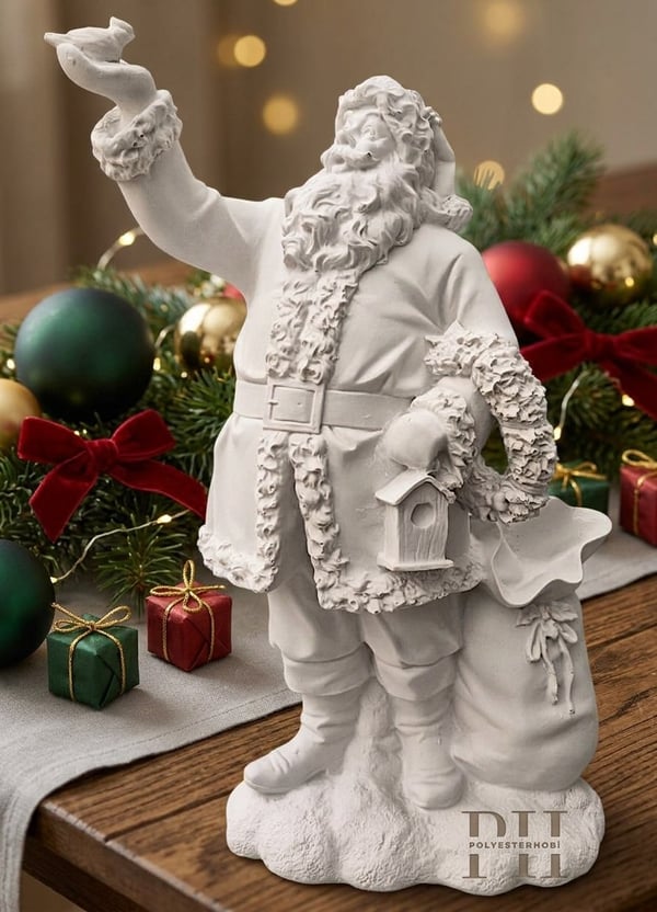 OB 2729 - Noel Baba Kuş Detaylı Biblo Heykel Ham Polyester Yılbaşı Obje