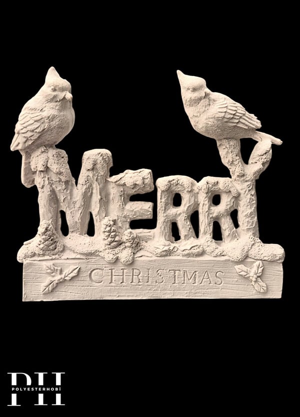 OB 2730 - Merry Chhristmas Kuş Detaylı Biblo Heykel Ham Polyester Yılbaşı Obje