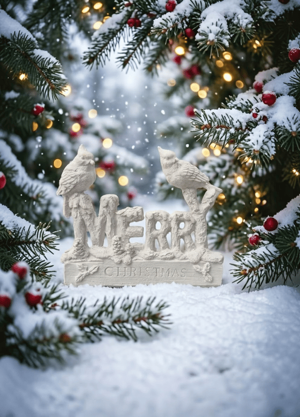 OB 2730 - Merry Chhristmas Kuş Detaylı Biblo Heykel Ham Polyester Yılbaşı Obje