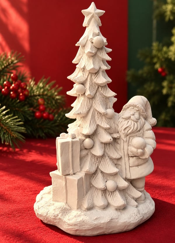 OB 2734 - Noel Baba ve Çam Ağacı Biblo Heykel Ham Polyester Yılbaşı Dekoratif Obje