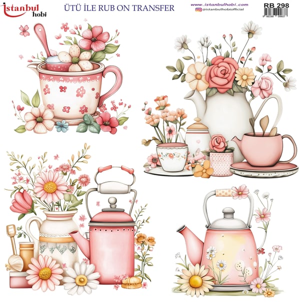 Ütü İle Baskı Transfer Kumaş Ve Ahşap Rubon 30 x 30 cm Çay Saati Desenli RB 298
