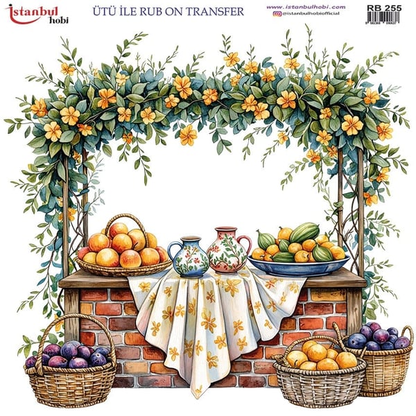 Ütü İle Baskı Transfer Kumaş Ve Ahşap Rubon 30 x 30 cm Meyve Ve Çiçekler Desenli RB 255