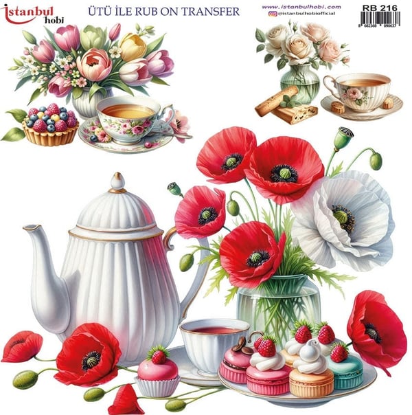 Ütü İle Baskı Transfer Kumaş Ve Ahşap Rubon 30 x 30 cm Çiçek ve Çay Saati Desenli RB 216