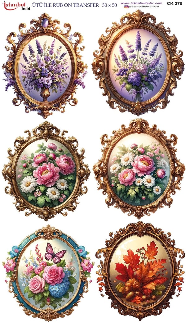 Ütü İle Baskı Transfer Kumaş Ve Ahşap Rubon 30 x 50 cm Çiçekli Çerçeve CK 375