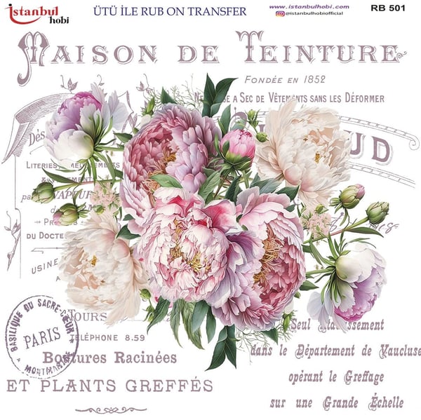 Ütü İle Baskı Transfer Kumaş Ve Ahşap Rubon 30 x 30 cm  Vintage Çiçekler Detaylı RB 501