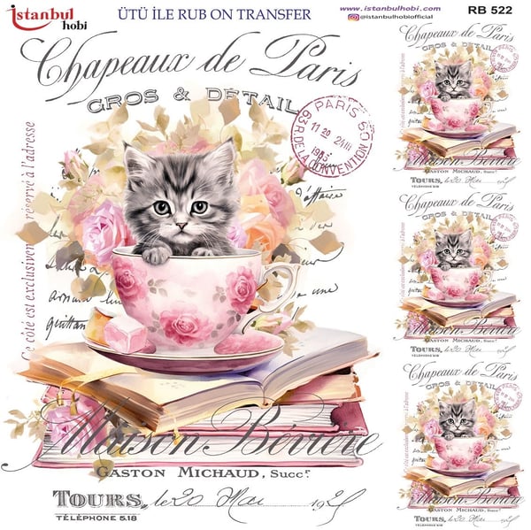 Ütü İle Baskı Transfer Kumaş Ve Ahşap Rubon 30 x 30 cm Vintage Kedi Detaylı RB 524