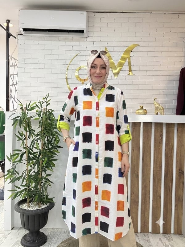 RENKLİ MOZAİK POPLİN GÖMLEK ELBİSE