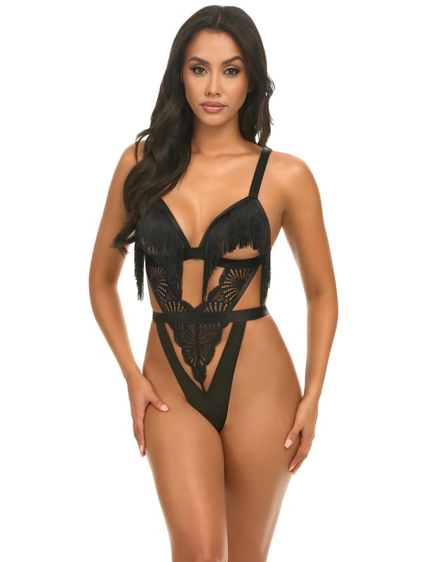 Püsküllü ve Dantel Detaylı Bondage Stil Fantezi Bodysuit
