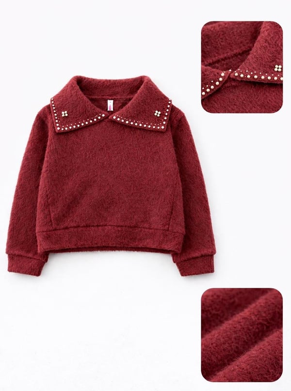 0010-3 Yakası Boncuklu Kız Çocuk Krop Yumoş Kazak-BORDO