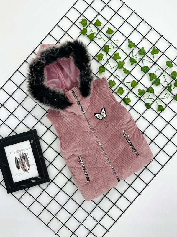 0087 Kadife Simli Çizgili Kapşonu Peluşlu Kız Çocuk Yelek-PEMBE