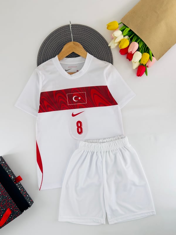 0205 Bayrak Baskılı Erkek Çocuk Şortlu Forma Takımı-BEYAZ
