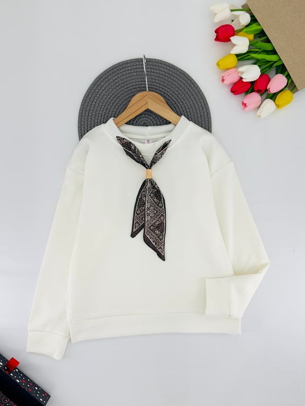 0225-1 Fular Detaylı Kız Çocuk Oysho Kumaş Sweat-KREM