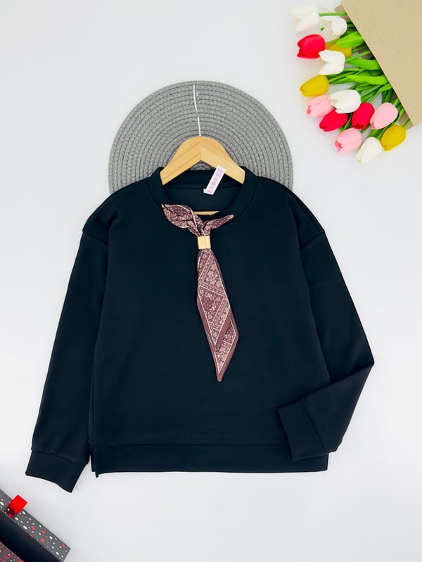0225-1 Fular Detaylı Kız Çocuk Oysho Kumaş Sweat-SİYAH