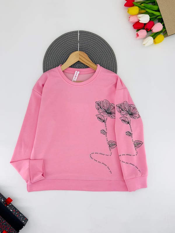 0225-2 Alvays Yazılı Çiçek Taş Detaylı Kız Çocuk Oysho Kumaş Sweat-PEMBE