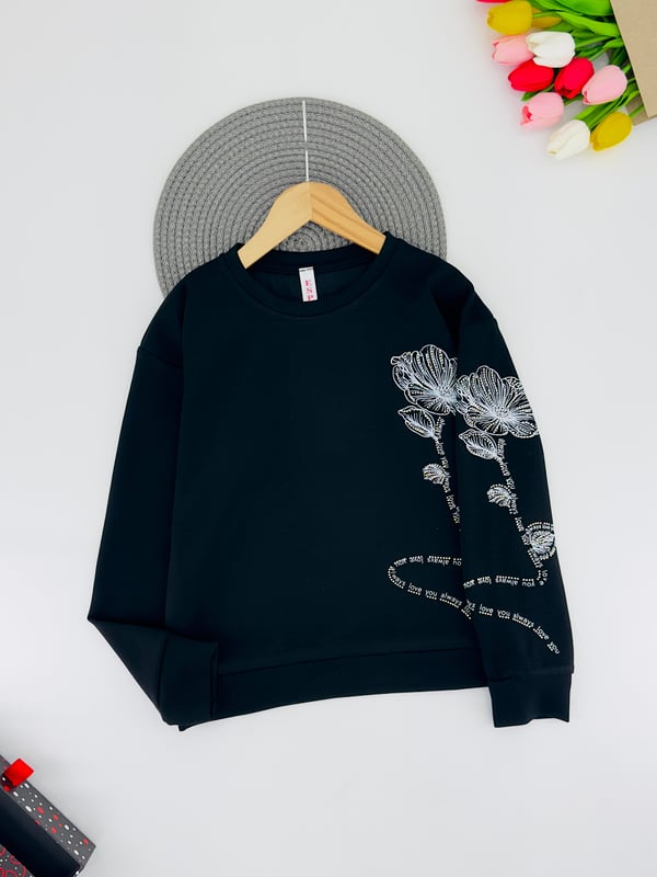 0225-2 Alvays Yazılı Çiçek Taş Detaylı Kız Çocuk Oysho Kumaş Sweat-SİYAH