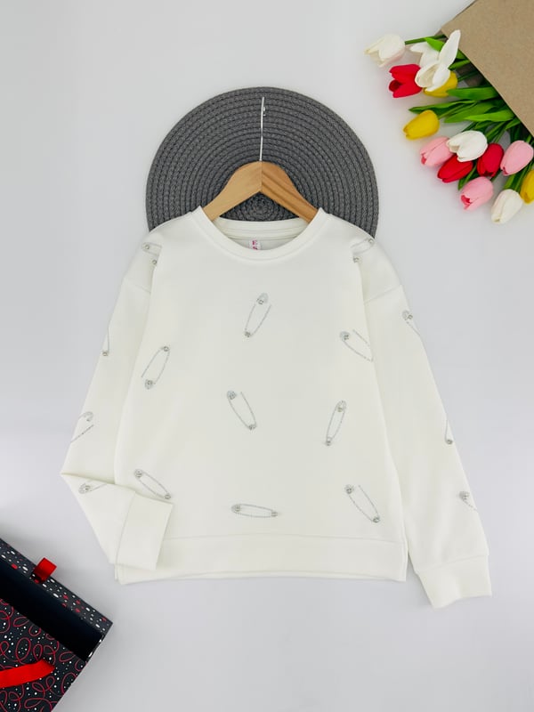 0225-3 İnci Taş Detaylı Kız Çocuk Oysho Kumaş Sweat-KREM