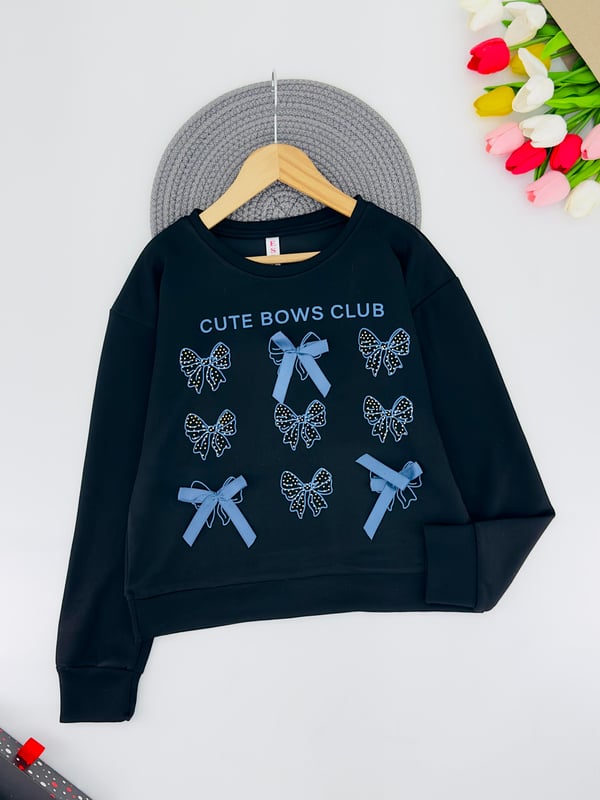 0225-4 Cute Yazılı Fiyonk Baskılı Kız Çocuk Oysho Kumaş Sweat-SİYAHA MAVİ