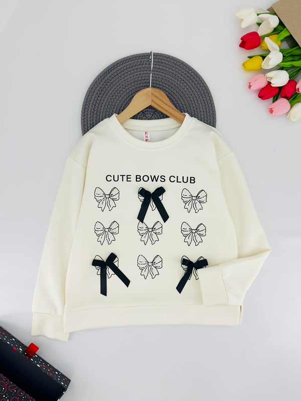 0225-4 Cute Yazılı Fiyonk Baskılı Kız Çocuk Oysho Kumaş Sweat-BEYAZA SİYAH