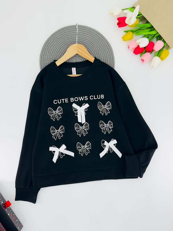 0225-4 Cute Yazılı Fiyonk Baskılı Kız Çocuk Oysho Kumaş Sweat-SİYAH