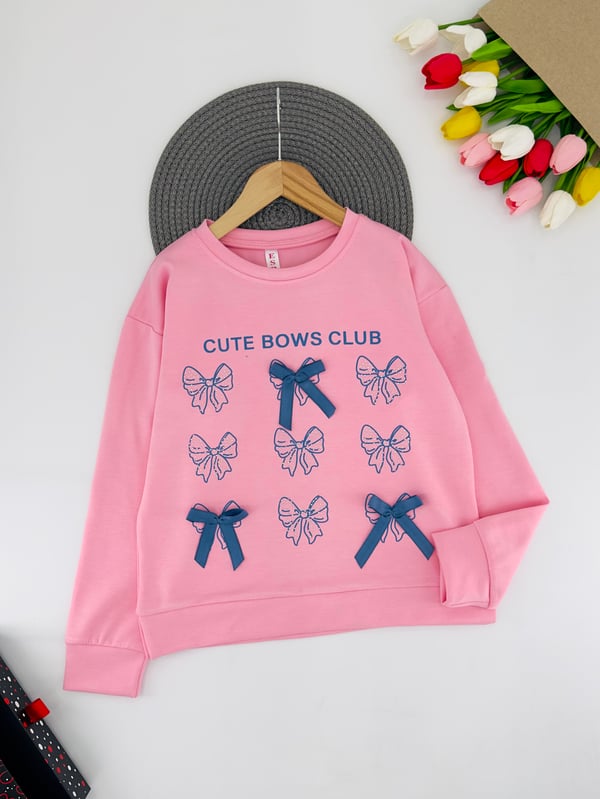 0225-4 Cute Yazılı Fiyonk Baskılı Kız Çocuk Oysho Kumaş Sweat-PEMBE