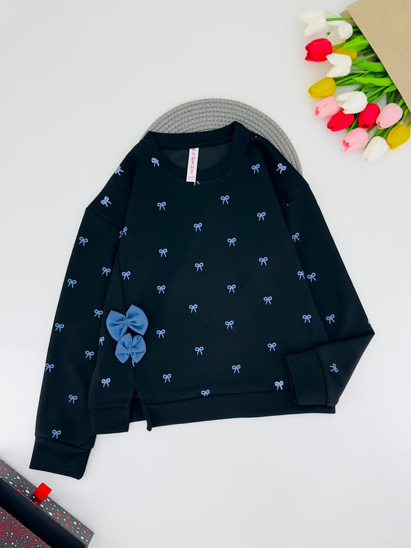 0225-5 Çoklu Fiyonk Baskılı Kız Çocuk Oysho Kumaş Sweat-SİYAH