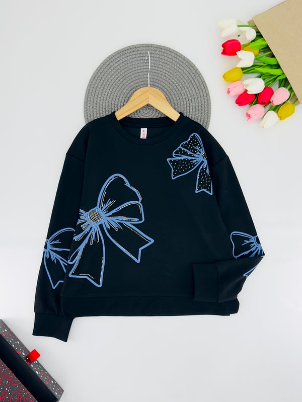 0225-6 Fiyonk Taş Detaylı Kız Çocuk Oysho Kumaş Sweat-SİYAH