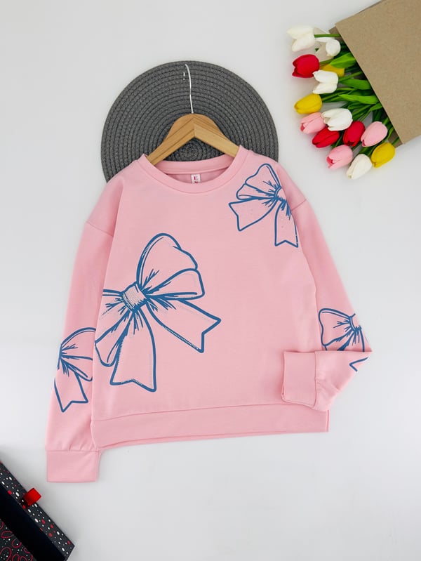 0225-6 Fiyonk Taş Detaylı Kız Çocuk Oysho Kumaş Sweat-PEMBE