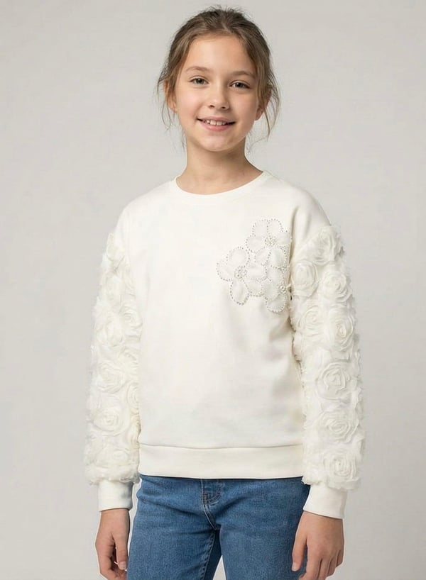 0300 Kolları Çiçek Detaylı Önü İncili Kız Çocuk Sweat-KREM