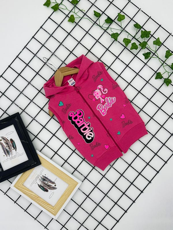 0350 Kapşonlu Üç İplik Kız Çocuk Yelek-PEMBE