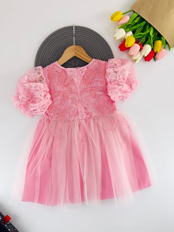 0402 Üstü Çiçek Dantelli İçi Astarlı Kız Çocuk Elbise-PEMBE