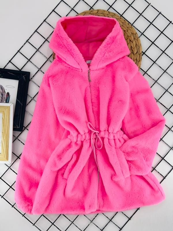 0685-1 Bel Bağlamalı Kız Çocuk Kürk Mont-FOSFORLU PEMBE