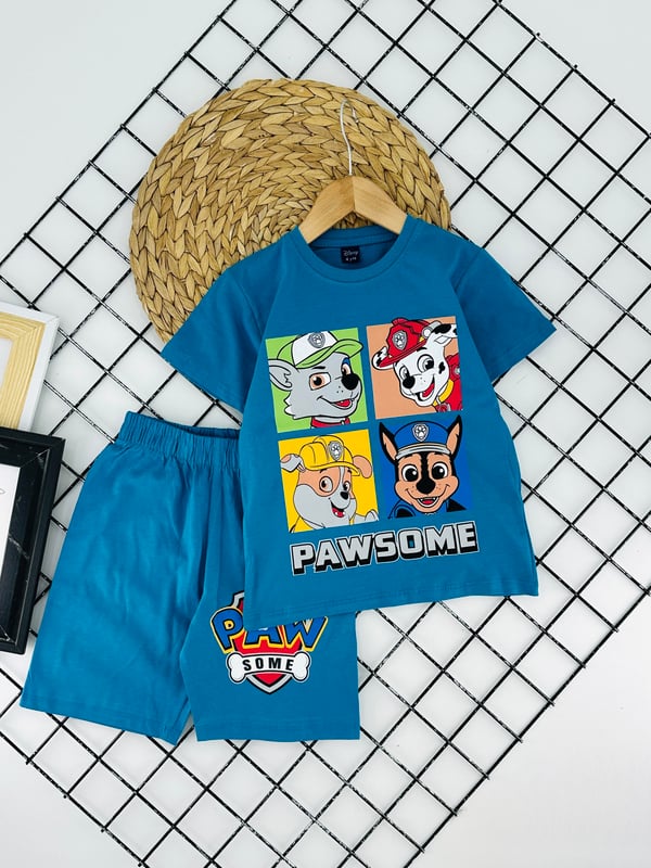 0703-3 Paw Patrol Baskılı Erkek Çocuk Penye Şortlu Takım (3/6 Yaş)-TURKUAZ
