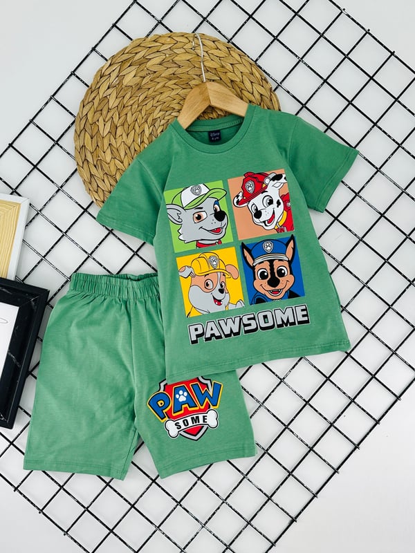 0703-3 Paw Patrol Baskılı Erkek Çocuk Penye Şortlu Takım (3/6 Yaş)-YEŞİL
