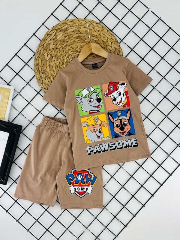 0703-3 Paw Patrol Baskılı Erkek Çocuk Penye Şortlu Takım (3/6 Yaş)-TABA