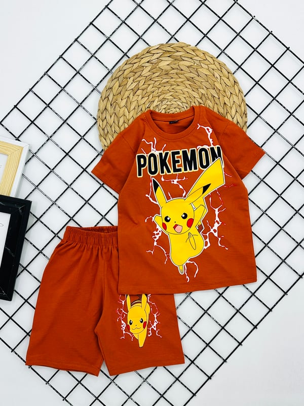 0703 Pkmn Yazılı Baskılı Erkek Çocuk Penye Şortlu Takım (3/6 Yaş)-KİREMİT