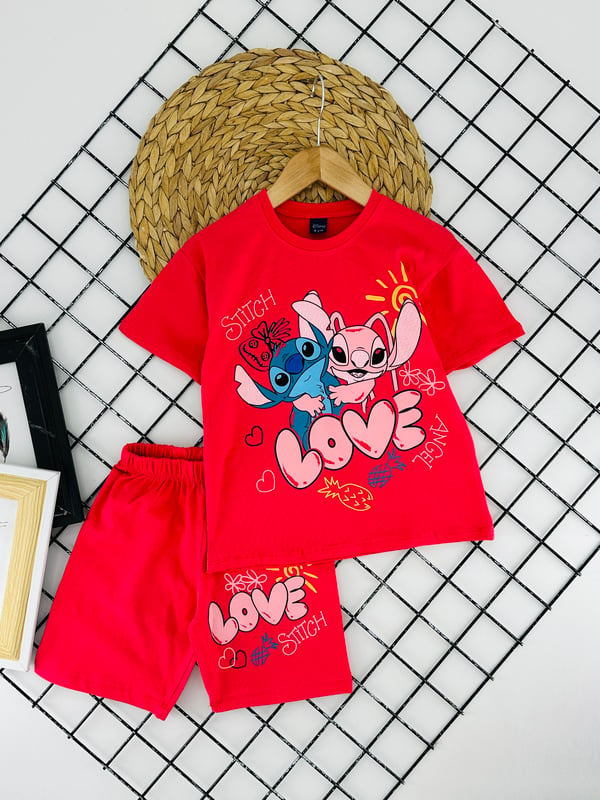 0705 Stich Baskılı Love Yazılı Kız Çocuk Takım-NAR ÇİÇEGİ