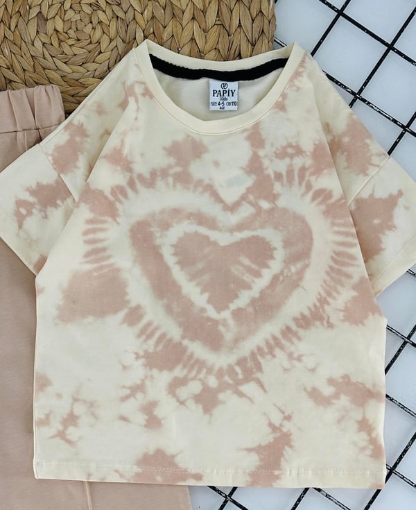 0800-1 Batik Desen Klap Baskılı Kız Çocuk Penye Pantolonlu Takım-BEJ