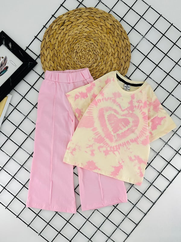0800-1 Batik Desen Klap Baskılı Kız Çocuk Penye Pantolonlu Takım-PEMBE