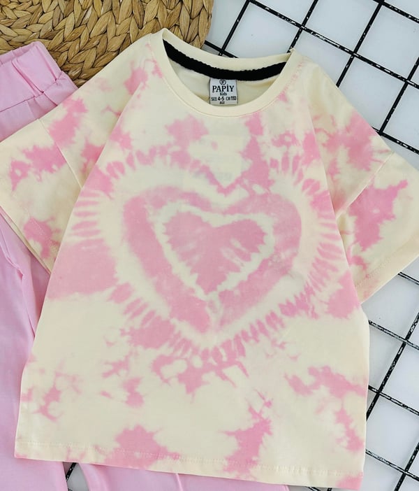0800-1 Batik Desen Klap Baskılı Kız Çocuk Penye Pantolonlu Takım-PEMBE