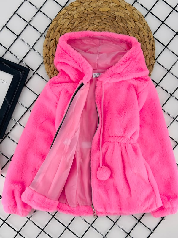 0895 Bel Lastikli Ponponlu Kız Çocuk Kürk Mont-FOSFORLU PEMBE