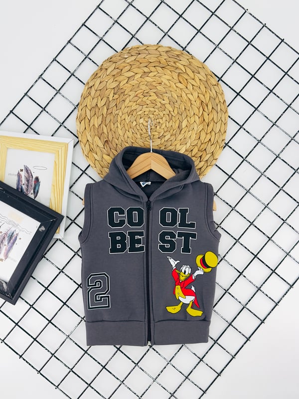 0931-3 Cool Best Yazılı Baskılı Erkek Çocuk Şardonlu Üç İplik Yelek-FÜME