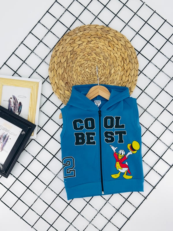 0931-3 Cool Best Yazılı Baskılı Erkek Çocuk Şardonlu Üç İplik Yelek-MAVİ