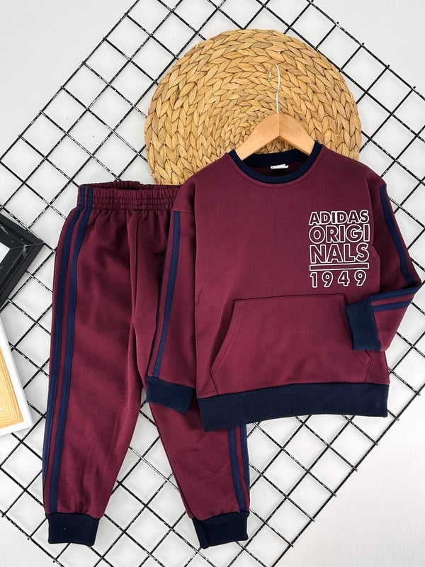 0981 Adds Orgınals Yazılı Yanları Şeritli İki İplik Penye Takım-BORDO