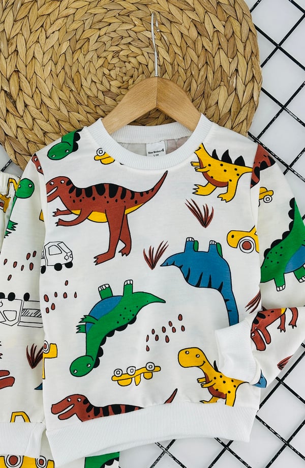 1000-11 Dinozor Baskılı Erkek Çocuk Penye Pijama Takımı-KREM
